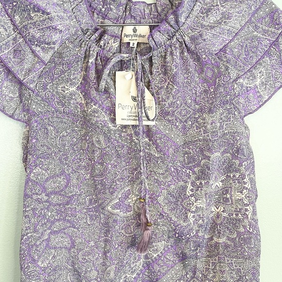 Perry Walker Women's Purple Paisley Silk Ruffled Tiered Sleeve Blouse Size 2 NWT - Picture 5 of 11